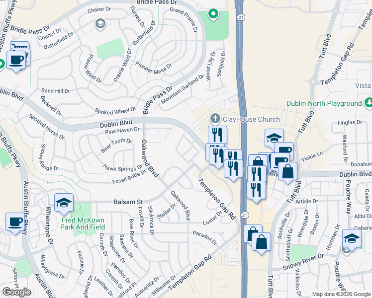 map of restaurants, bars, coffee shops, grocery stores, and more near 6539 Pennywhistle Point in Colorado Springs
