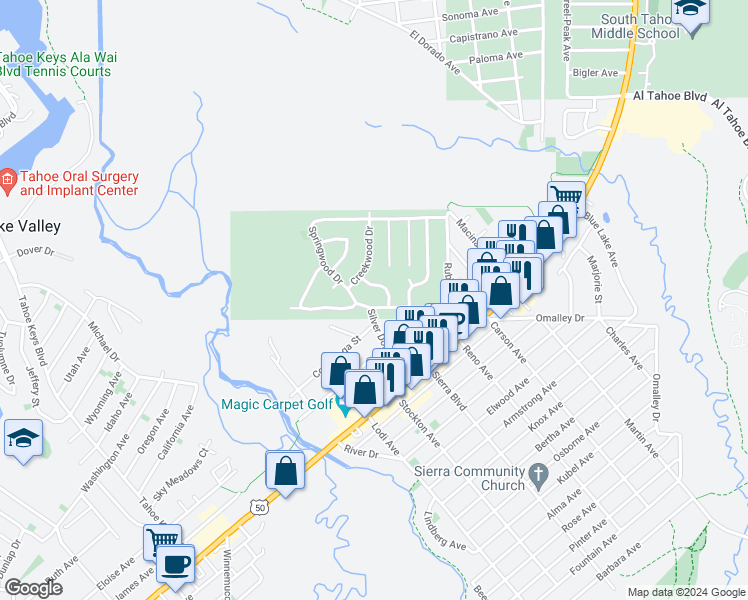 map of restaurants, bars, coffee shops, grocery stores, and more near 2758 Springwood Drive in South Lake Tahoe