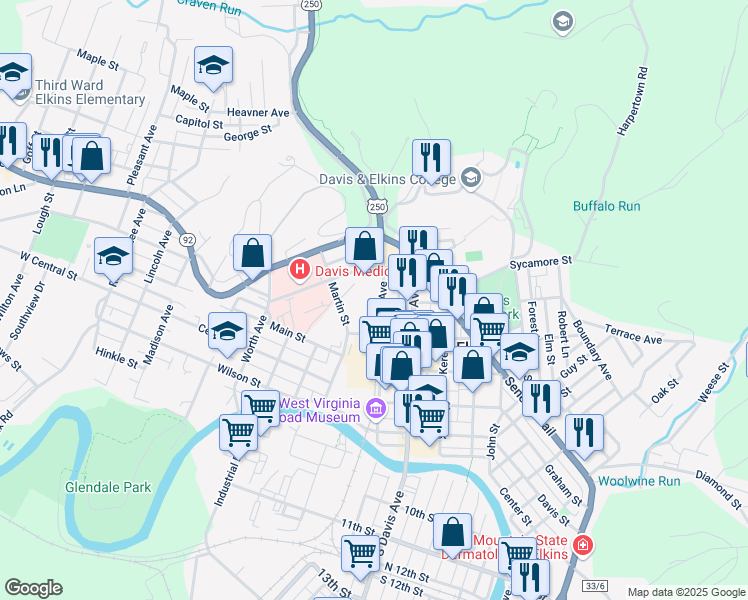 map of restaurants, bars, coffee shops, grocery stores, and more near 500 Railroad Avenue in Elkins
