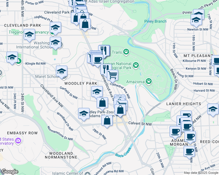 map of restaurants, bars, coffee shops, grocery stores, and more near 2829 Connecticut Avenue Northwest in Washington