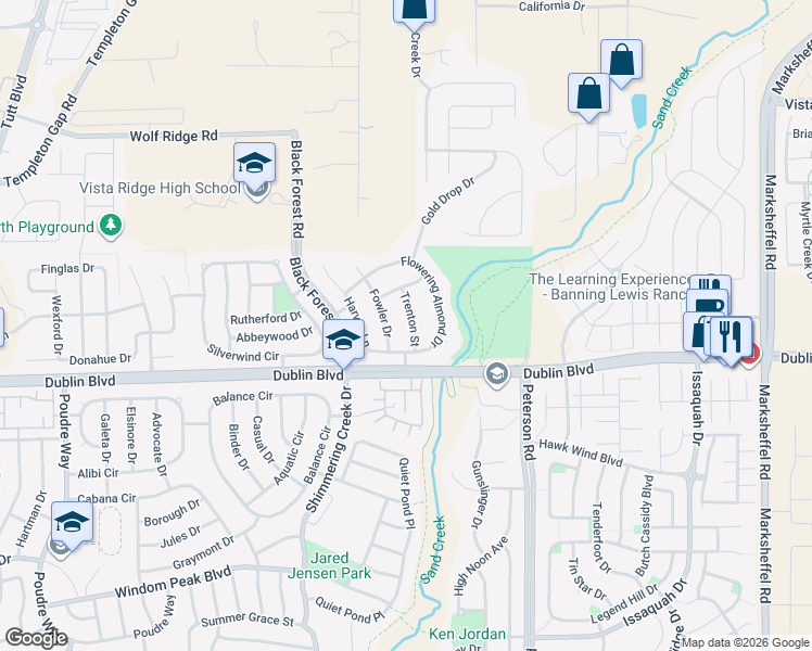 map of restaurants, bars, coffee shops, grocery stores, and more near 6558 Trenton Street in Colorado Springs