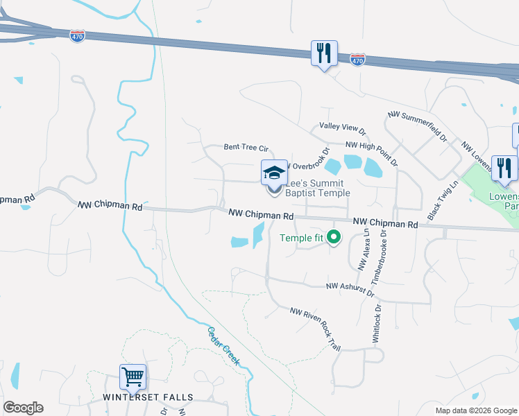 map of restaurants, bars, coffee shops, grocery stores, and more near 2614 Northwest Chipman Road in Lee's Summit