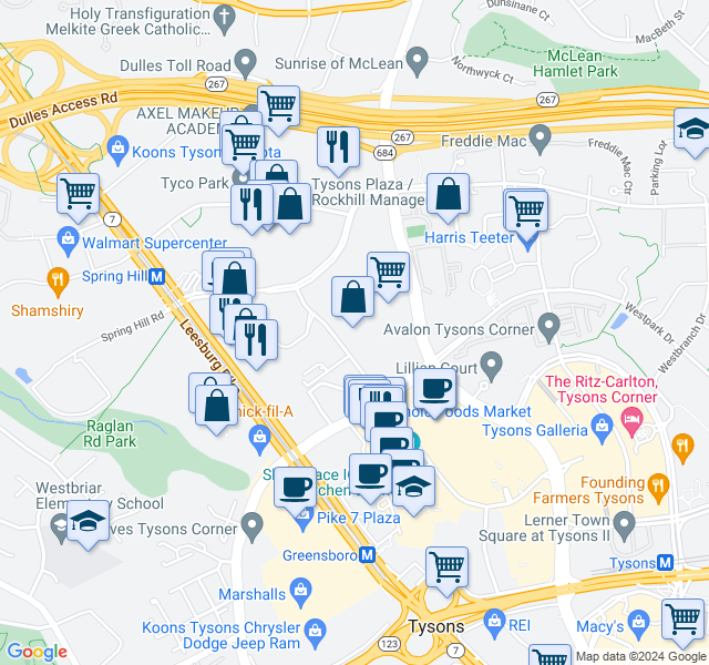map of restaurants, bars, coffee shops, grocery stores, and more near 8360 Greensboro Drive in McLean