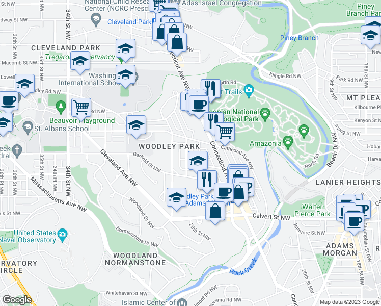 map of restaurants, bars, coffee shops, grocery stores, and more near 2827 28th Street Northwest in Washington