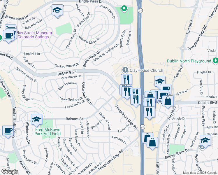 map of restaurants, bars, coffee shops, grocery stores, and more near 6539 Pennywhistle Point in Colorado Springs