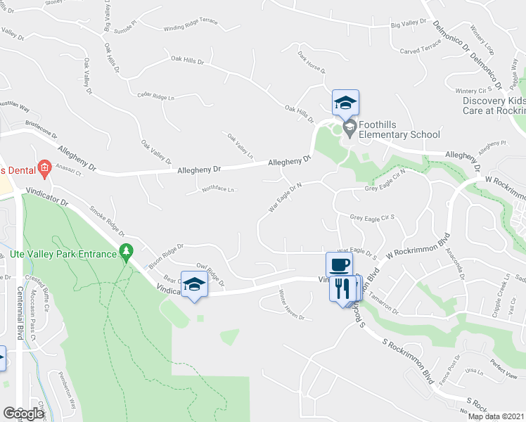 map of restaurants, bars, coffee shops, grocery stores, and more near 1070 War Eagle Drive North in Colorado Springs