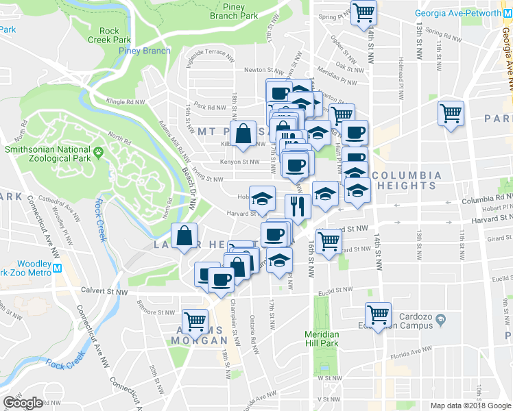 map of restaurants, bars, coffee shops, grocery stores, and more near 1665 Harvard Street Northwest in Washington