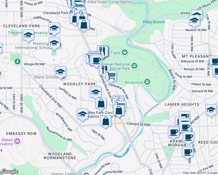 map of restaurants, bars, coffee shops, grocery stores, and more near 2829 Connecticut Avenue Northwest in Washington