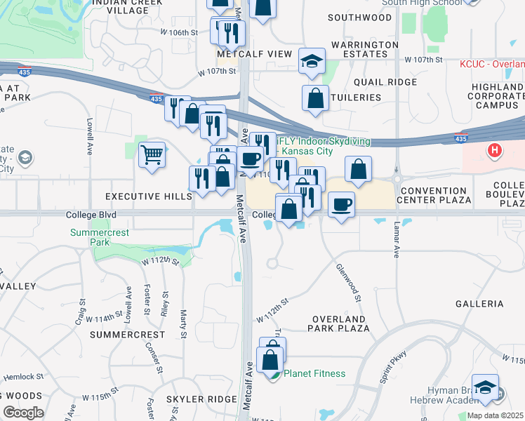 map of restaurants, bars, coffee shops, grocery stores, and more near 6912 College Boulevard in Overland Park