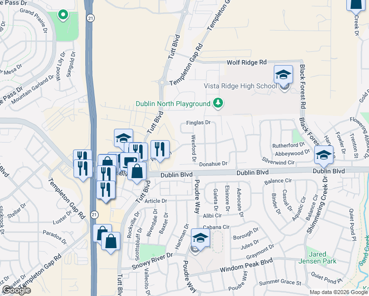 map of restaurants, bars, coffee shops, grocery stores, and more near 5966 Finglas Drive in Colorado Springs