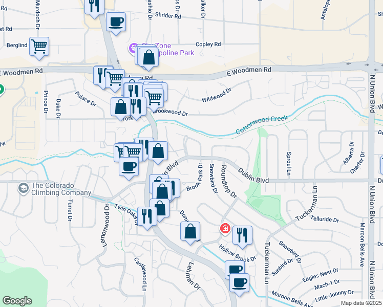 map of restaurants, bars, coffee shops, grocery stores, and more near 6630 Brook Park Drive in Colorado Springs