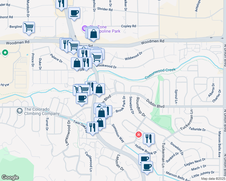 map of restaurants, bars, coffee shops, grocery stores, and more near 6609 Dublin Place in Colorado Springs