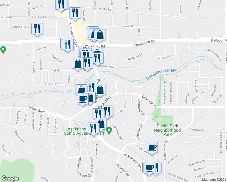 map of restaurants, bars, coffee shops, grocery stores, and more near 6609 Dublin Place in Colorado Springs