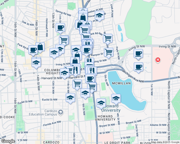 map of restaurants, bars, coffee shops, grocery stores, and more near 2920 Georgia Avenue Northwest in Washington