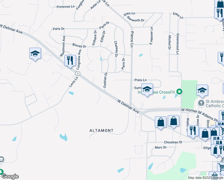 map of restaurants, bars, coffee shops, grocery stores, and more near 1353 Normandy Drive in Godfrey