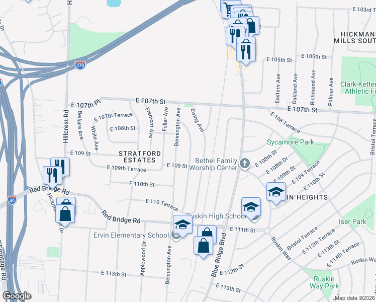 map of restaurants, bars, coffee shops, grocery stores, and more near 10803 Newton Avenue in Kansas City