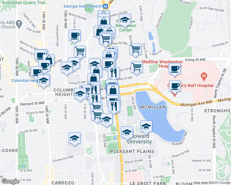 map of restaurants, bars, coffee shops, grocery stores, and more near 2909 Georgia Avenue Northwest in Washington