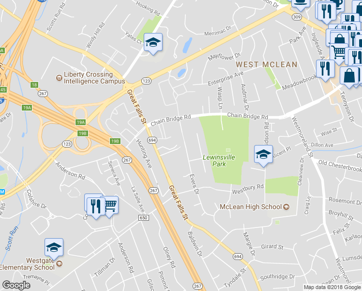 map of restaurants, bars, coffee shops, grocery stores, and more near 7217 Vistas Lane in McLean