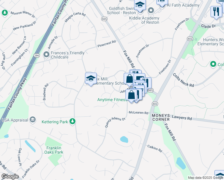 map of restaurants, bars, coffee shops, grocery stores, and more near 2593 John Milton Drive in Herndon