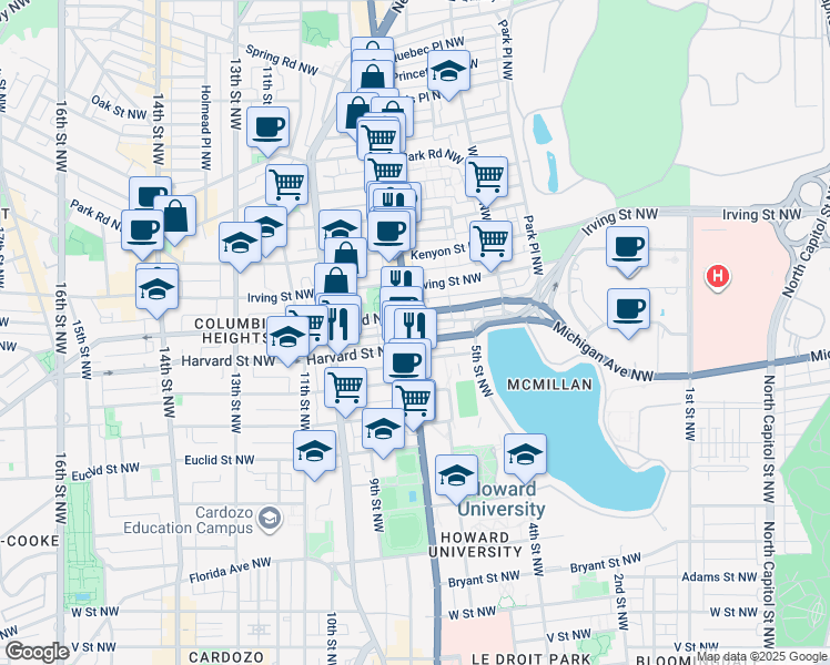 map of restaurants, bars, coffee shops, grocery stores, and more near 2909 Georgia Avenue Northwest in Washington