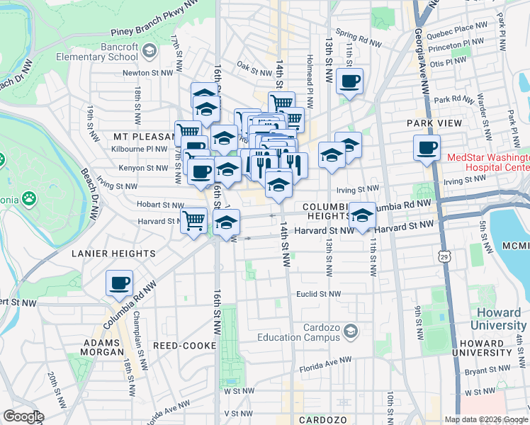 map of restaurants, bars, coffee shops, grocery stores, and more near 101 Independence Avenue Southeast in Washington