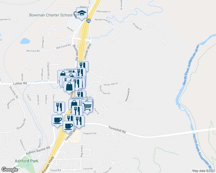 map of restaurants, bars, coffee shops, grocery stores, and more near 1030 Sylvan Glen Place in Auburn