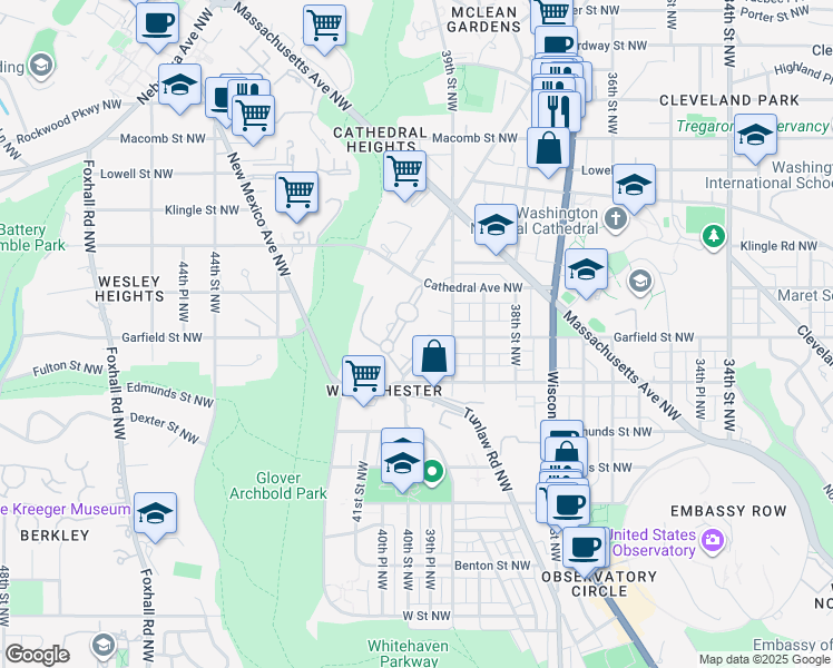map of restaurants, bars, coffee shops, grocery stores, and more near 3900 Watson Place Northwest in Washington