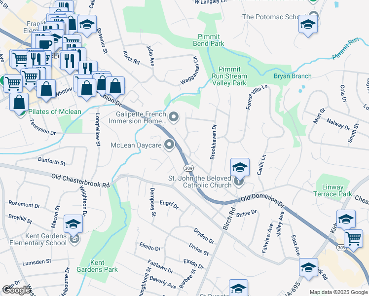 map of restaurants, bars, coffee shops, grocery stores, and more near 1516 Mintwood Drive in McLean
