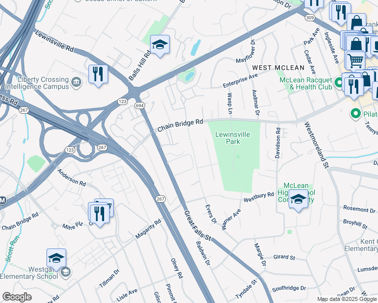 map of restaurants, bars, coffee shops, grocery stores, and more near 7217 Vistas Lane in McLean