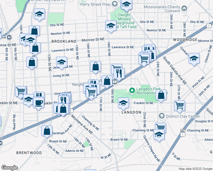 map of restaurants, bars, coffee shops, grocery stores, and more near 1736 Rhode Island Avenue Northeast in Washington