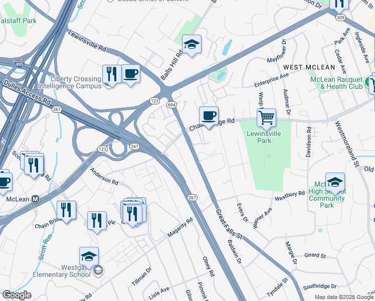 map of restaurants, bars, coffee shops, grocery stores, and more near 1554 Great Falls Street in McLean