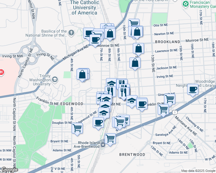 map of restaurants, bars, coffee shops, grocery stores, and more near 724 Hamlin Street Northeast in Washington