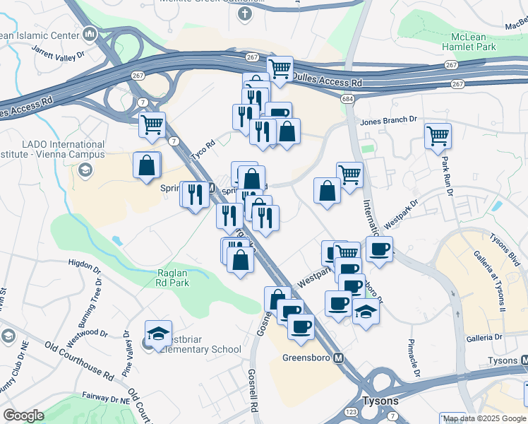 map of restaurants, bars, coffee shops, grocery stores, and more near 8421 Broad Street in McLean