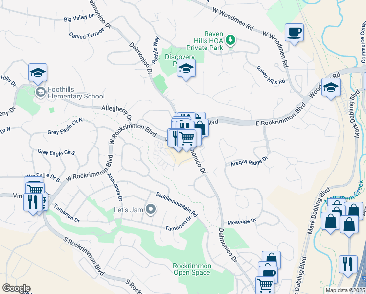 map of restaurants, bars, coffee shops, grocery stores, and more near 6645 Delmonico Drive in Colorado Springs