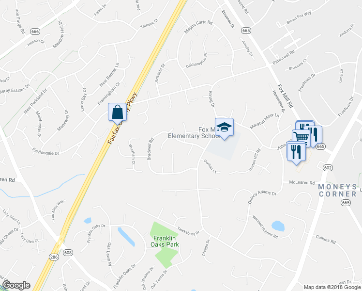 map of restaurants, bars, coffee shops, grocery stores, and more near 12715 Bradwell Road in Herndon