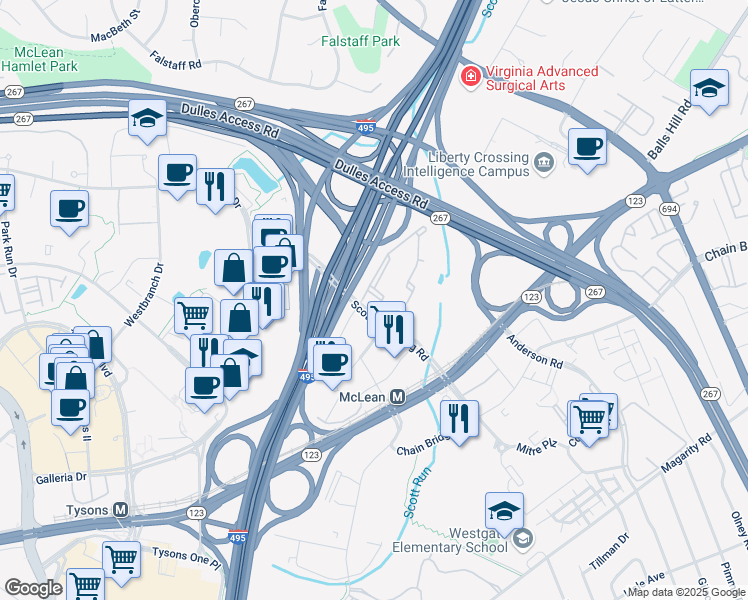 map of restaurants, bars, coffee shops, grocery stores, and more near 1521 Spring Gate Drive in McLean