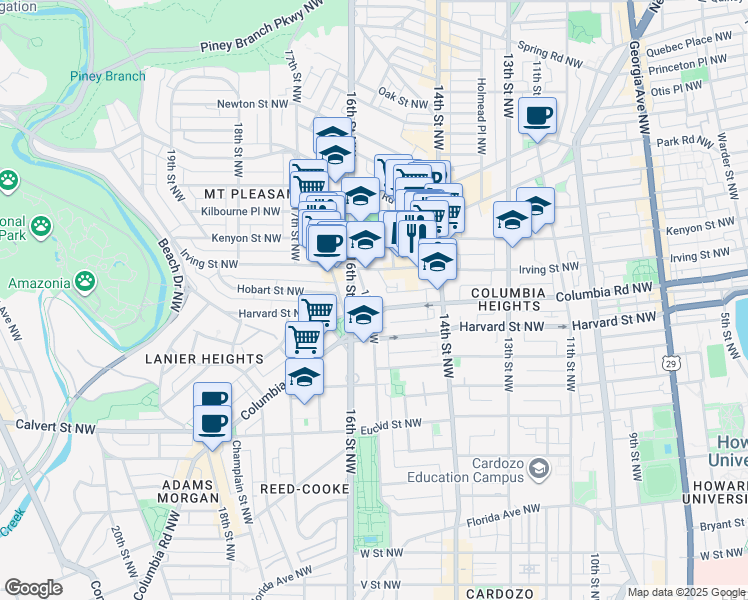 map of restaurants, bars, coffee shops, grocery stores, and more near 3021 15th Street Northwest in Washington