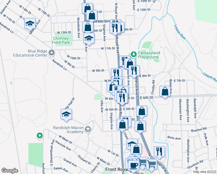 map of restaurants, bars, coffee shops, grocery stores, and more near 720 Virginia Avenue in Front Royal