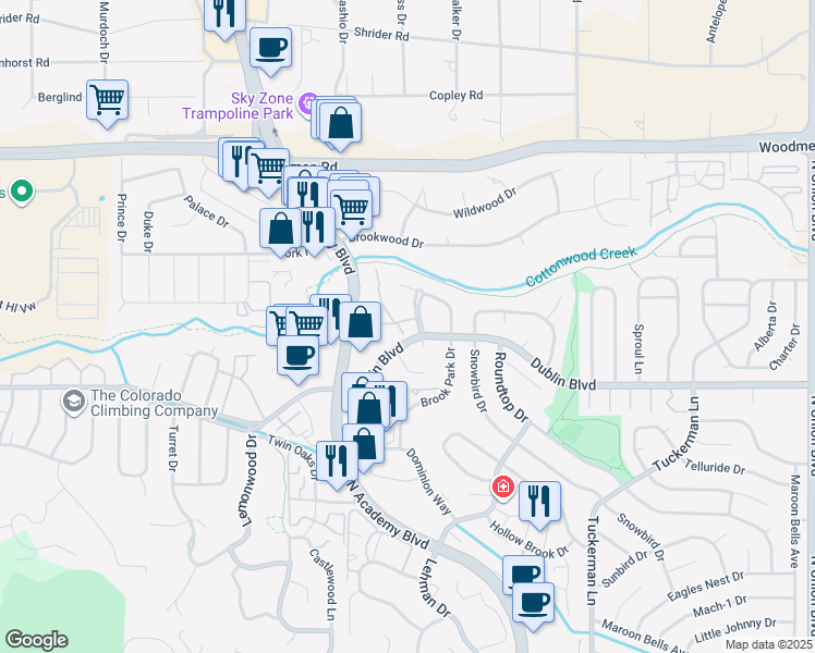 map of restaurants, bars, coffee shops, grocery stores, and more near 6609 Dublin Place in Colorado Springs