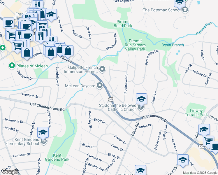 map of restaurants, bars, coffee shops, grocery stores, and more near 1516 Mintwood Drive in McLean