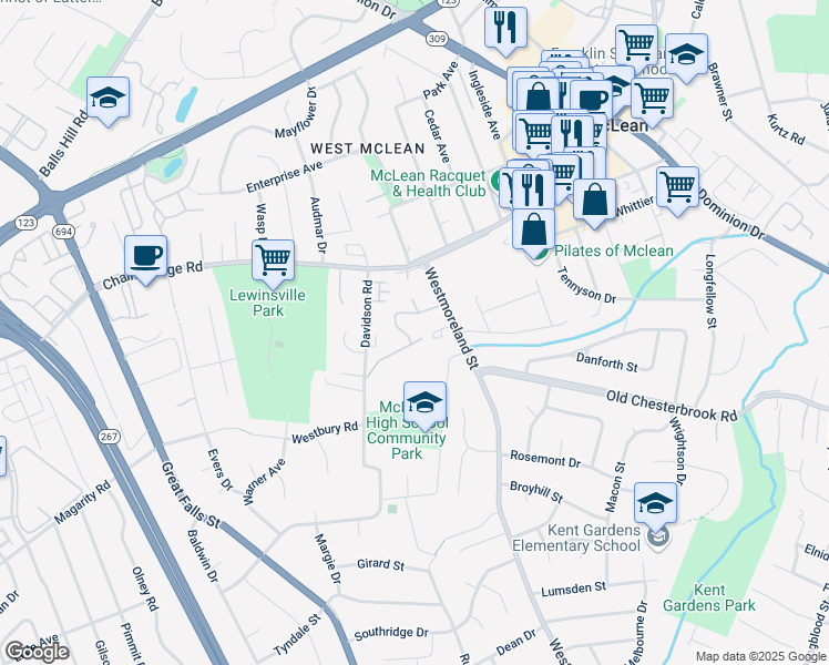 map of restaurants, bars, coffee shops, grocery stores, and more near 1611 Dunterry Place in McLean