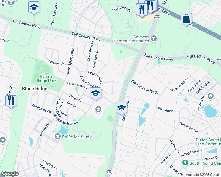 map of restaurants, bars, coffee shops, grocery stores, and more near 24931 Calcite Place in Stone Ridge