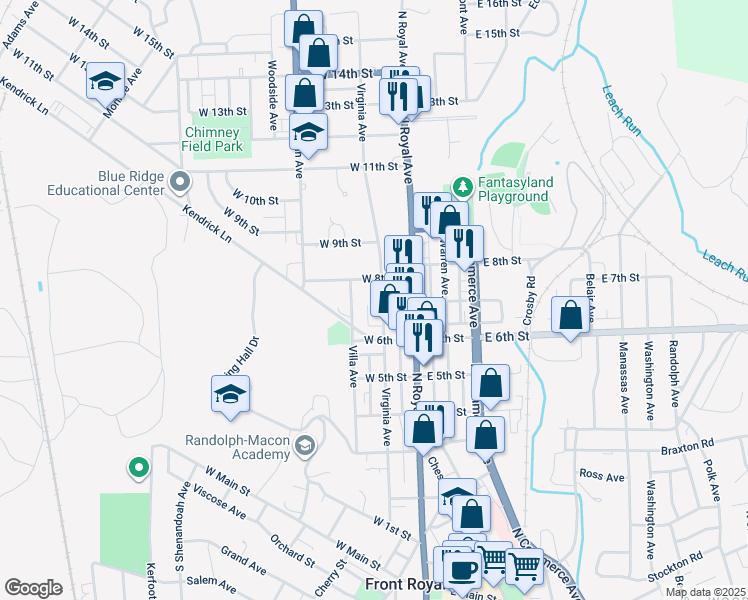 map of restaurants, bars, coffee shops, grocery stores, and more near 720 Virginia Avenue in Front Royal