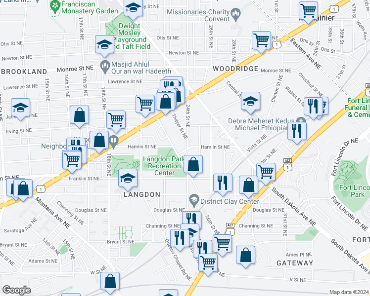 map of restaurants, bars, coffee shops, grocery stores, and more near 2420 Hamlin Place Northeast in Washington