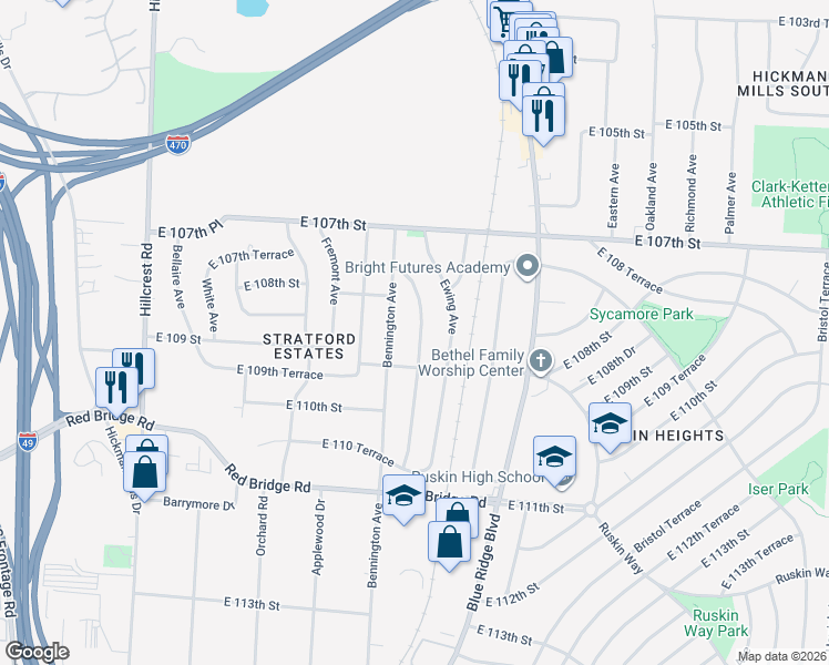 map of restaurants, bars, coffee shops, grocery stores, and more near 10803 Newton Avenue in Kansas City