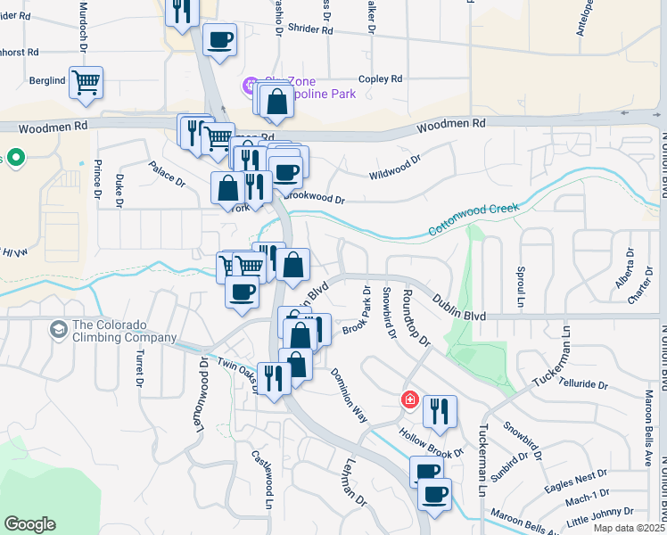 map of restaurants, bars, coffee shops, grocery stores, and more near 6609 Dublin Place in Colorado Springs