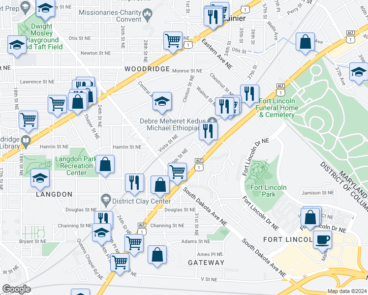 map of restaurants, bars, coffee shops, grocery stores, and more near 2832 30th Street Northeast in Washington
