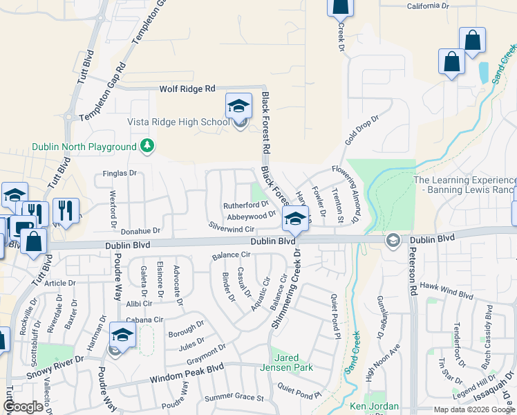 map of restaurants, bars, coffee shops, grocery stores, and more near 6769 Rutherford Drive in Colorado Springs