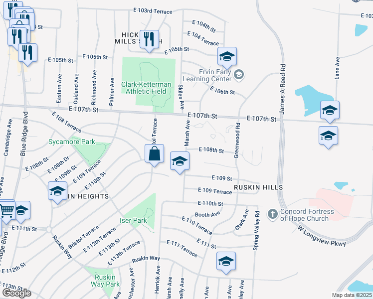 map of restaurants, bars, coffee shops, grocery stores, and more near 10801 Marsh Avenue in Kansas City