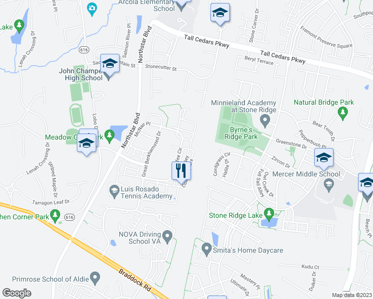 map of restaurants, bars, coffee shops, grocery stores, and more near 24921 Coats Square in Aldie
